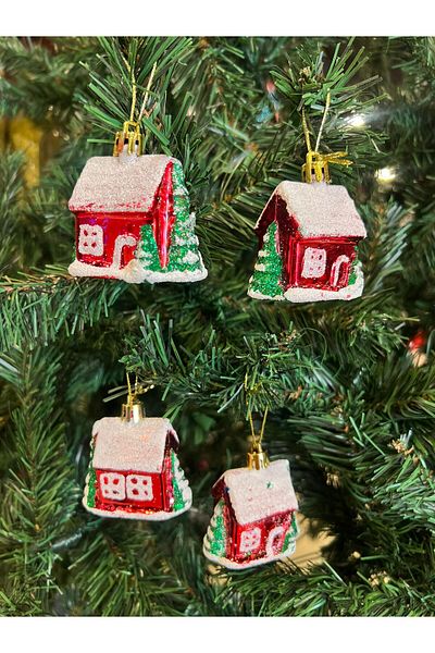 Happyland Red Pine Tree Ornament - 4 Pieces, 6cm, Christmas Tree Ornament Home, New Year
