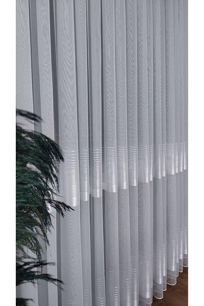 Yuka Ecru Tulle Curtain Horizontal Plain White Striped 1/3 Tight Pleated Wrinkle-Free No Ironing Leaded Skirt