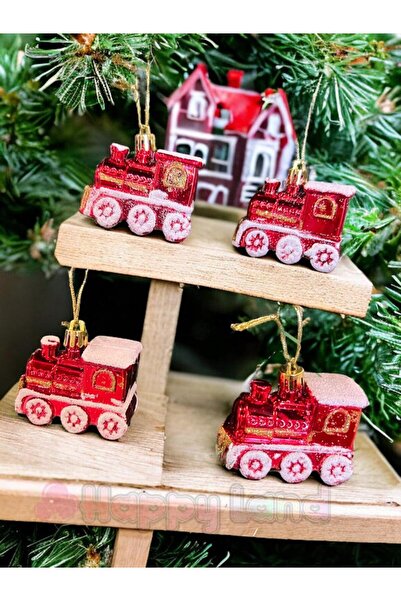 Happyland Yılbaşı Çam Ağacı Süsü 4 Adet Kırmızı Tren Süs 6 Cm Yılbaşı Ağacı Süs Tren Yeni Yıl Süs