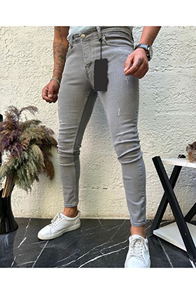 Dark Lavish Erkek Gri Jean Italyan Kesim Denım Tırnaklı Skinny Kot pantolon