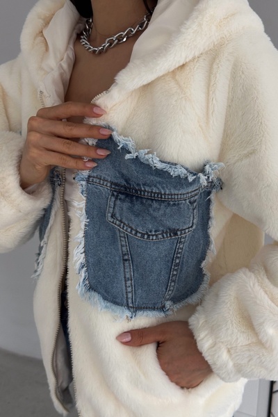 FEMELLE Women's Double Pocket Denim Detailed Lined Zipper Hooded Denim Fur Coat