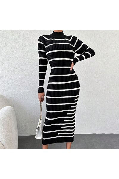 rengamoda Rochie creion cu tricotaje cu mânecă lungă în dungi pentru femei (culoare)