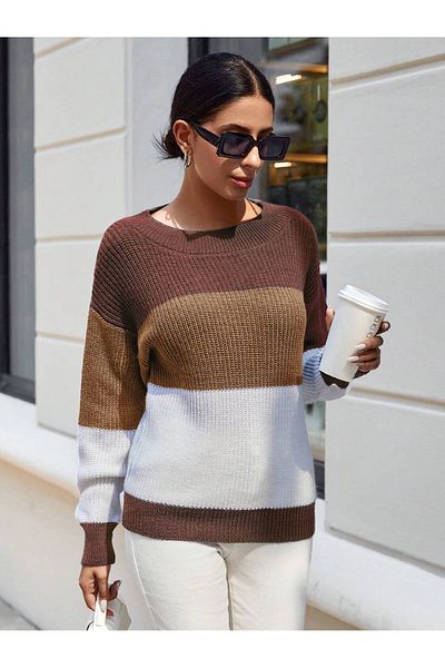 AQE FASHION Дамски трикотажен пуловер с дълъг ръкав и кръгло деколте, цвят канела/камил/бял