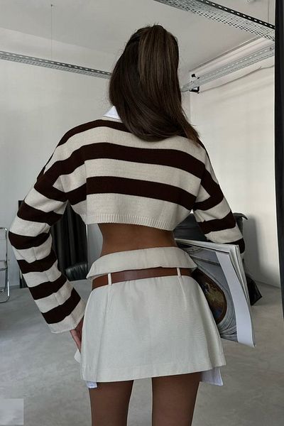 lovebox Women's Stone Brown Striped Crop Sweater 23W16017