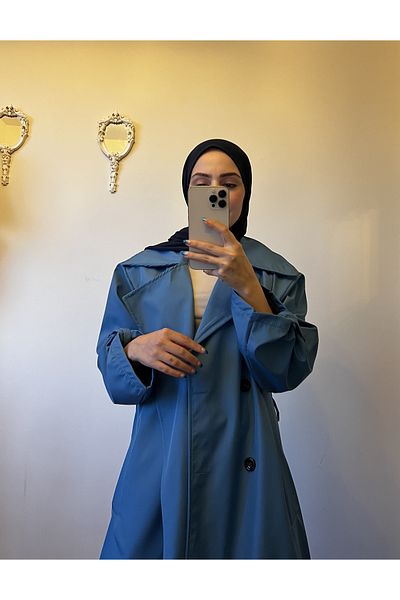 Esre Store Sleeve Detailed Hijab Trench Coat Blue