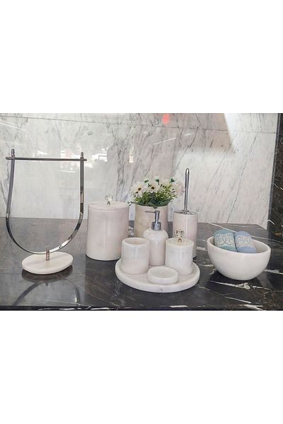 Sümeyra Marble Art NATURAL WHITE MARBLE BATHROOM SET - 10 PIECES - WITH SILVER GLASS DETAIL