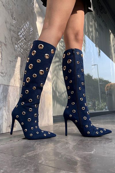 Dark blue knee high boots new arrivals