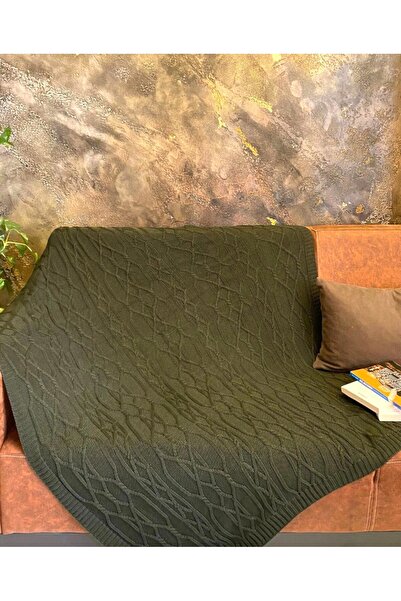 RTD&VLD Rtd & Vld Haki Yeşil Sarmaşık Desen %100 Pamuk Triko Tv Battaniyesi K...