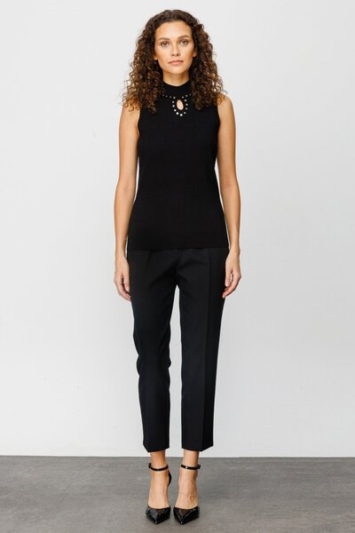 Ekol Ten Collar Embroidered Sleeveless Knitwear Blouse