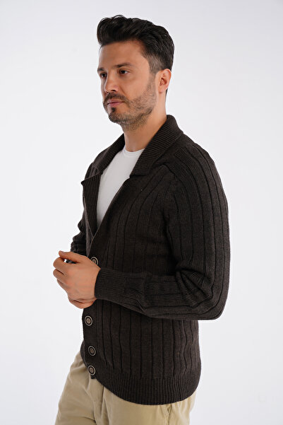 Trist Star Ανδρικό πλεκτό μάλλινο μπουφάν με ραβδώσεις καφέ με κουμπιά Trist-5305