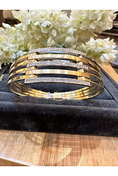 Adel Gold 14 Ayar Beş Sıra Taşlı Kaburga Kelepçe Kadın Bilezik-16,42 gr