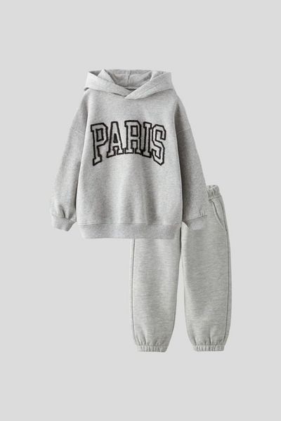Magu Children's Gray Paris Patterned Hooded Cotton Sweatshirt Tracksuit Bottom-Top Set
