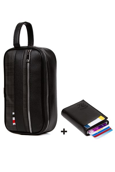 Newish Adelina Black Leather Portfolio Clutch Bag Travel Shaving Cosmetic Clutch Bag And Mechanism Wallet Set