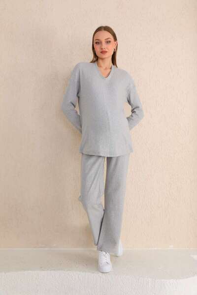 Miss Dünya Lissa Gray V-neck Soft Fabric Maternity Tracksuit Set