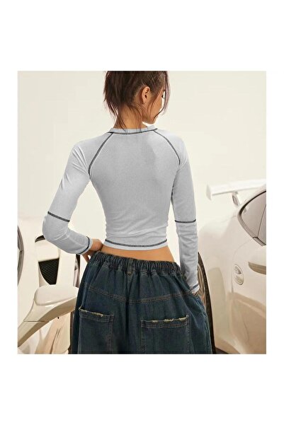 Touz Y2K Streetwear Ariseism Printed Backstitch White Long Sleeve Crop