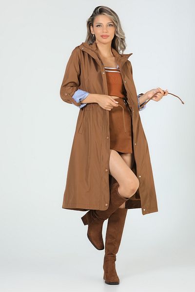 julude Camel Γυναικεία μακριά καμπαρντίνα με κορδόνια στη μέση