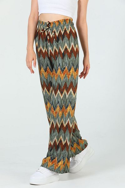 GÜLSELİ Khaki Women's Patterned Wide Leg Trousers