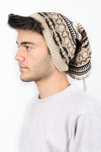 toptanhanem Stylish Kilim Pattern Gathered Men's Wool Beret Cream