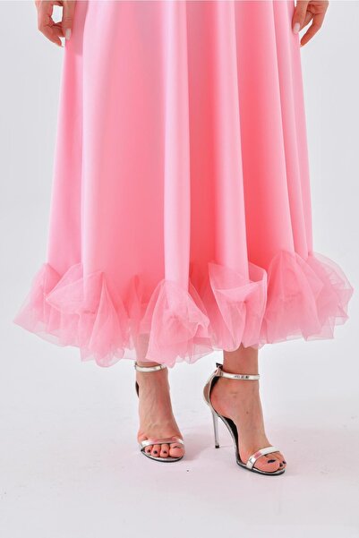 vuvutasarım Pamuklu Atlas Kumaş İnce Askılı Etekucu Tül Detaylı Midi Boy Pembe Abiye Elbise 9326