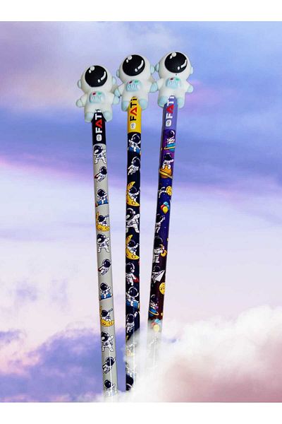 sevgi kırtasiye Galaxy Themed 3-Piece Pencil Set with Astronaut Heads as a Gift