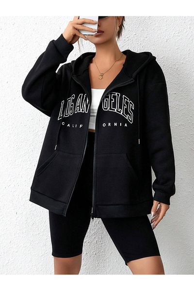 WNWGKN Los Angeles California Black Printed Winter Oversize Hooded Zippered Cardigan