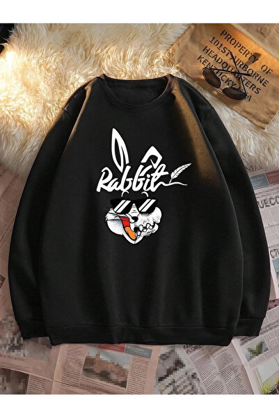 Unique سويت شيرت أرنب - رقبة دائرية مكشكشة كبيرة الحجم مطبوعة باللون الأسود