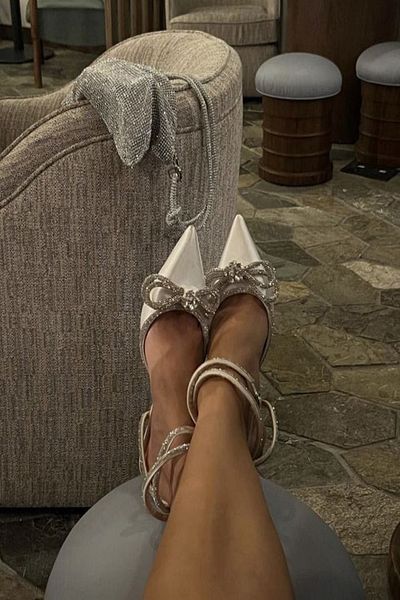 TrendyAnka Women's Silver Satin 8 cm Thin Heeled Bow Stone Ankle Wrap Pointed Toe Evening Dress Shoes