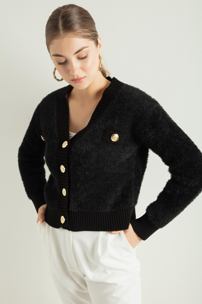 Lafaba Women's Black Bearded Gold Buttoned Knitwear Cardigan