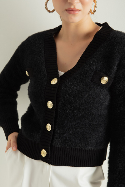 Lafaba Women's Black Bearded Gold Buttoned Knitwear Cardigan