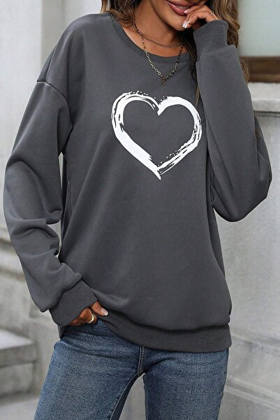 MODAGEN Women's Anthracite 3 Thread Heart Printed Oversize Printed Sweatshirt