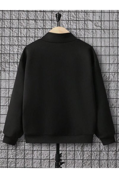 LOUİSA Men's Black Half Zipper NEW YORK U.S.A Printed High Collar Sweater