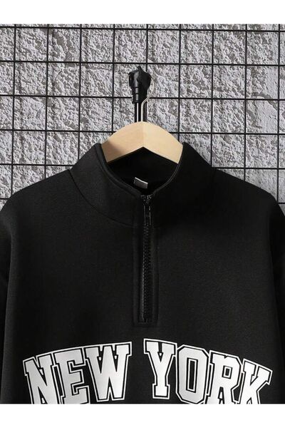 LOUİSA Men's Black Half Zipper NEW YORK U.S.A Printed High Collar Sweater