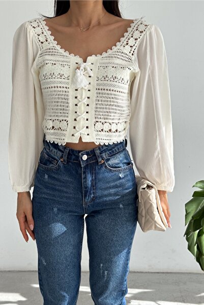 FEMELLE Γυναικεία Πλεκτή Πλεκτή Κοντή Μπλούζα