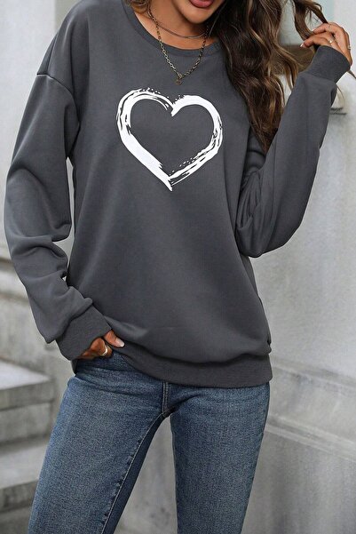 MODAGEN Women's Anthracite 3 Thread Heart Printed Oversize Printed Sweatshirt