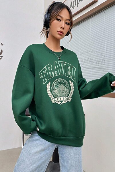 MODAGEN Kadın Yeşil Travel Baskı Bisiklet Yaka Sweatshırt