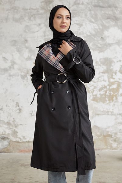 InStyle Eleta Double Breasted Collar Plaid Trench Coat - Black