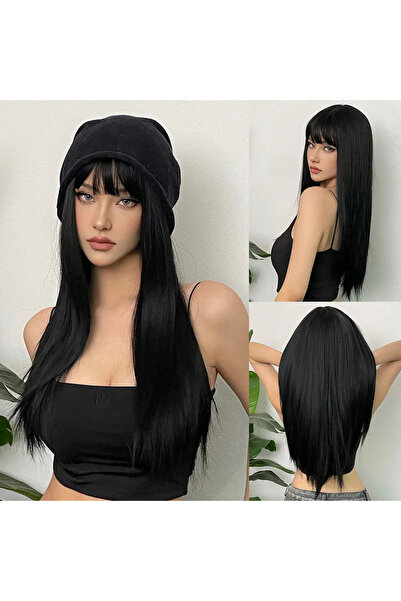 Fenomen Peruk Siyah Düz Perçemli Gerçek Saç Dokusunda