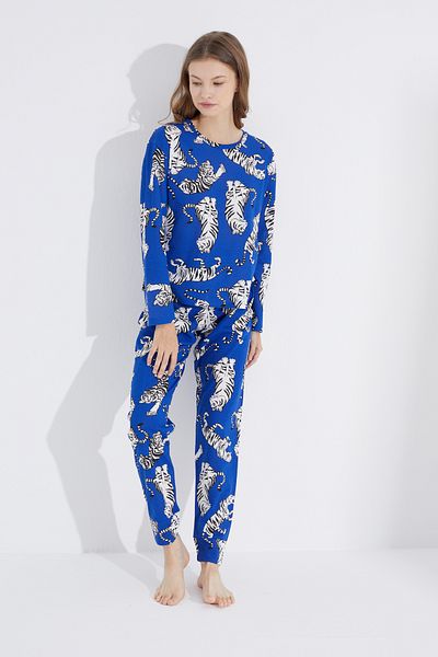Siyah İnci Saks Tiger Jogger Knitted Pajama Set