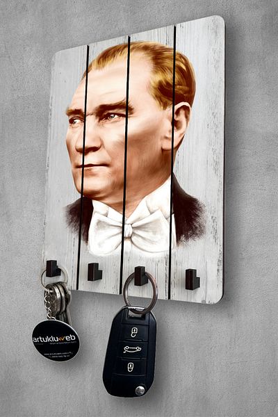 beedene Atatürk Wooden White Decorative Painting - Modern Home Key Holder Key Hanger