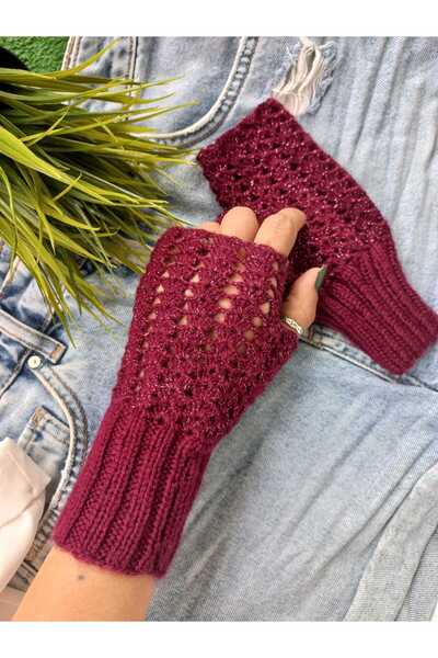 ZeynDesign Trendy Desenli Bordo Simli Parmaksız Eldiven