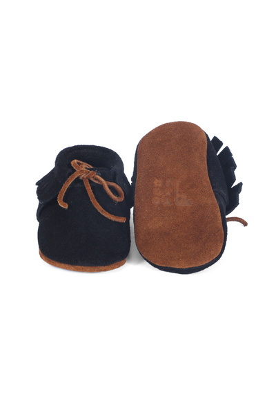 YoYo Junior Genuine Leather Black Suede Baby Booties with Lacing Detail