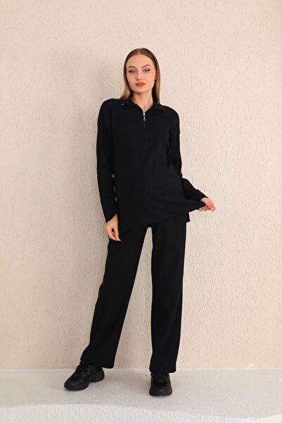 Miss Dünya Lissa Siyah Fermuar Yakalı Yumoş Kumaş Hamile ve Lohusa Eşofman Takımı