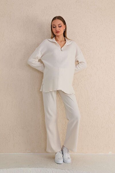 Miss Dünya Lissa Ekru Fermuar Yakalı Yumoş Kumaş Hamile ve Lohusa Eşofman Takımı