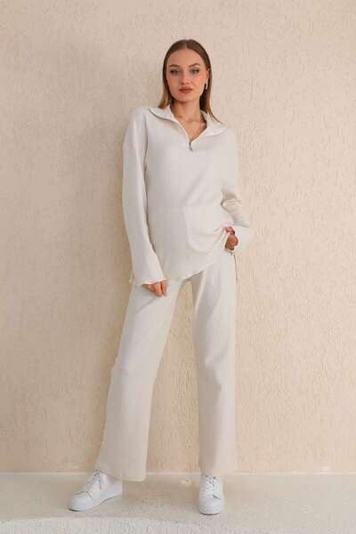 Miss Dünya Lissa Ekru Fermuar Yakalı Yumoş Kumaş Hamile ve Lohusa Eşofman Takımı