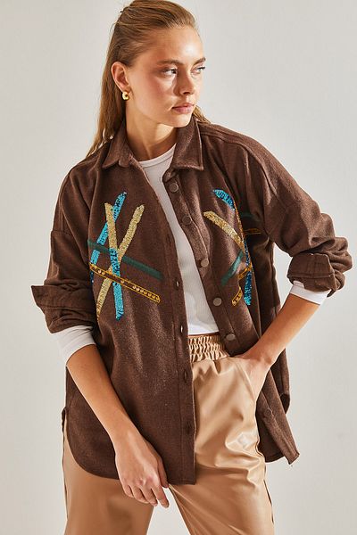 Bianco Lucci Women's Sequin Pallet Embroidered Stamp Shirt