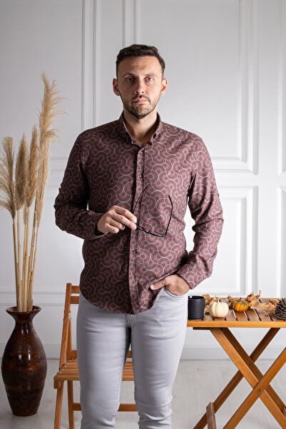 Sarar İnterview Goias Yaka Düğmeli Mozaik Desen Slim Fit Bordo Gömlek