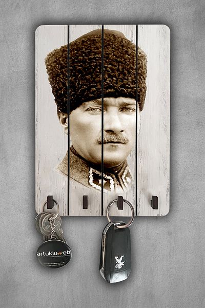 beedene Ataturk Wooden White Decorative Painting - Modern Keychain Key Holder