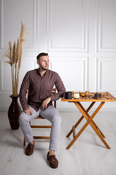 Sarar İnterview Goias Yaka Düğmeli Mozaik Desen Slim Fit Bordo Gömlek