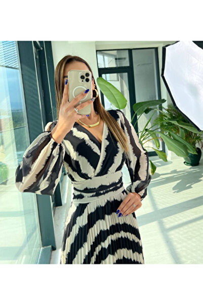 dml giyim Multi Şifon İnce Piliseli Astarlı Tasarım Elbise