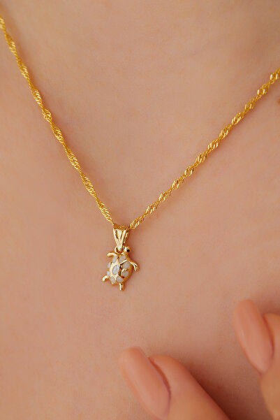 MİLET KUYUMCULUK 14 Ayar Altın Singapur Zincirli Ve Mineli Kaplumbağa Kolye